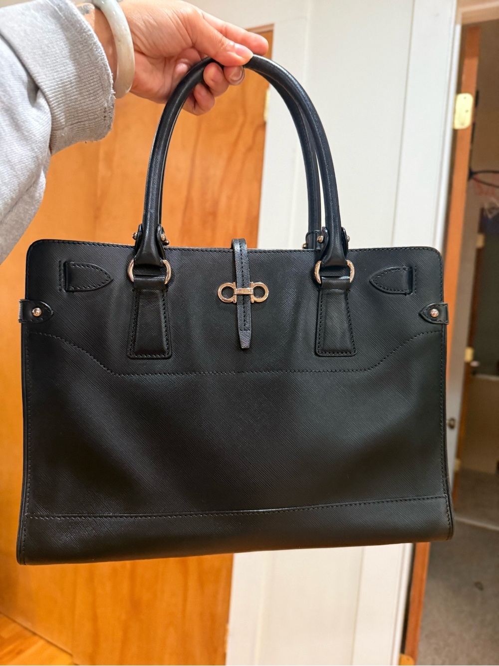 Salvatore Ferragamo Black Pebbled Leather Briana Small Tote Bag